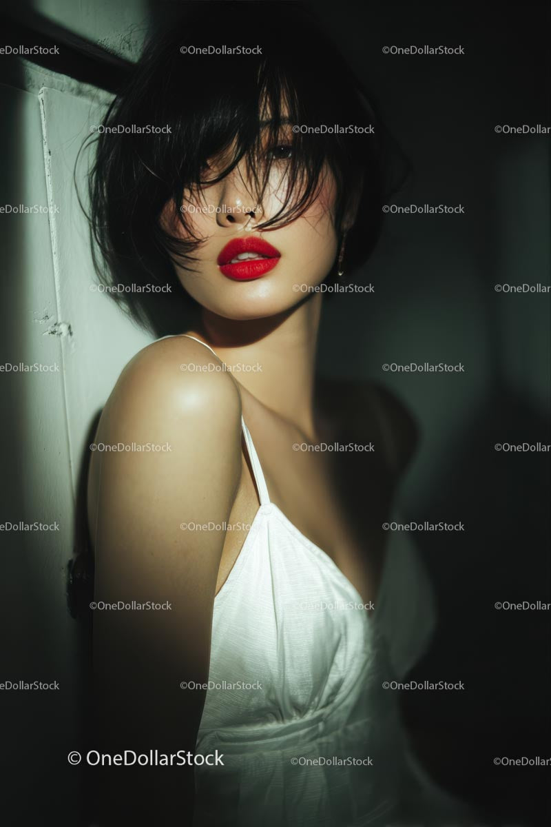 Elegant Woman with Red Lips in Stylish Evening Dress