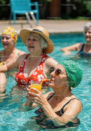 Elderly Women Relaxing and Drinking Refreshing Drinks in Pool
