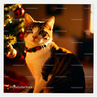 Tabby cat with festive collar by decorated Christmas tree