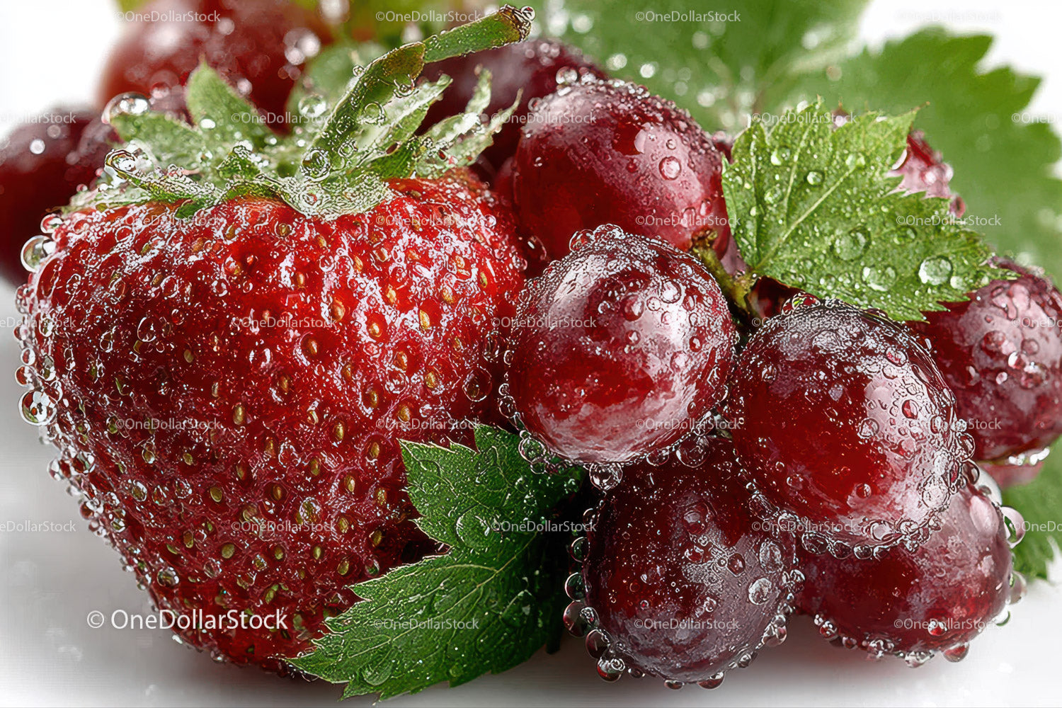 Close-up of Fresh Ripe Strawberries and Red Currants with Dew