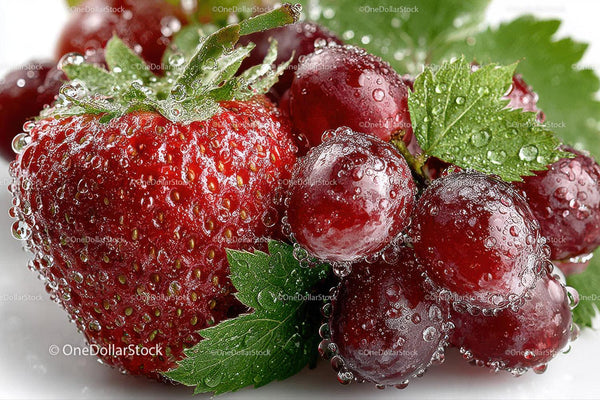 Close-up of Fresh Ripe Strawberries and Red Currants with Dew