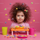Little girl enjoying colorful cereal at pink table