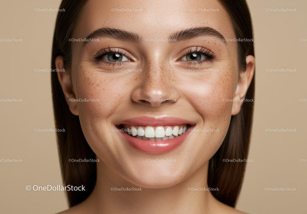 Close up of young woman smiling with freckles