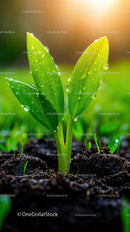 Fresh Green Seedling with Dew Drops in Natural Soil Landscape