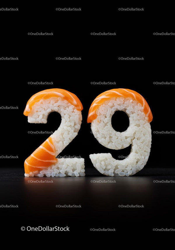 Number 29 made from sushi rice and salmon slices