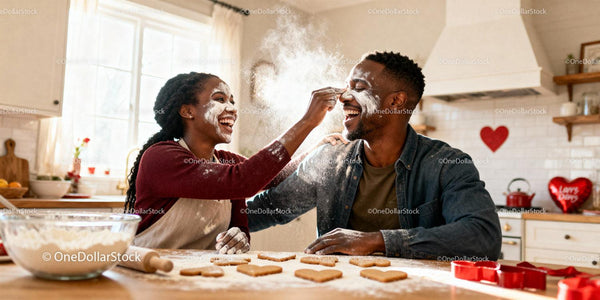 Couple Playfully Baking Heart Shaped Cookies Together