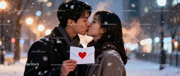 Couple sharing kiss with love letter in snowy winter night