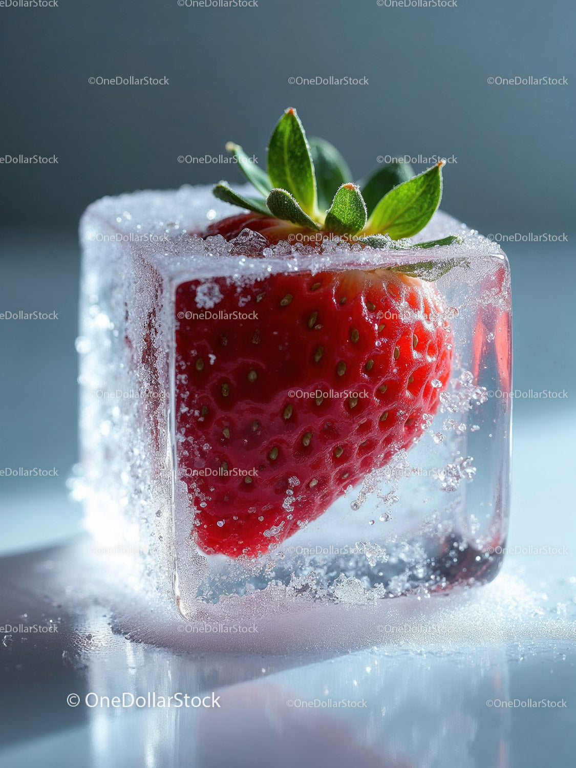 Fresh strawberry frozen inside clear ice cube