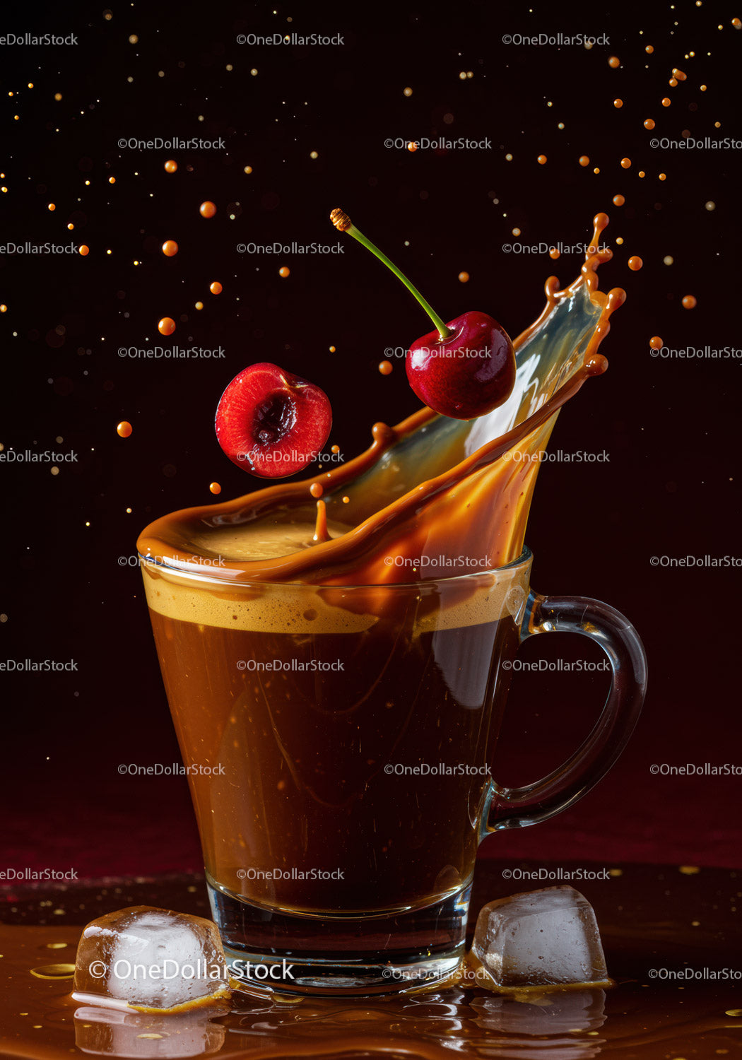 Splashing Coffee with Fresh Cherries and Ice Cubes