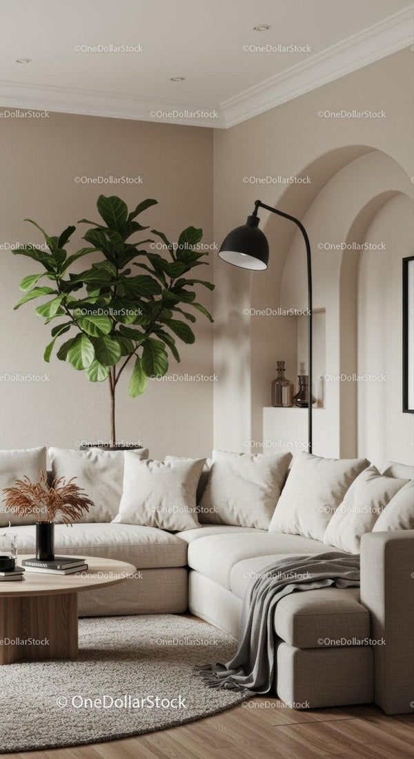 Cozy corner sectional sofa with greenery and soft lighting