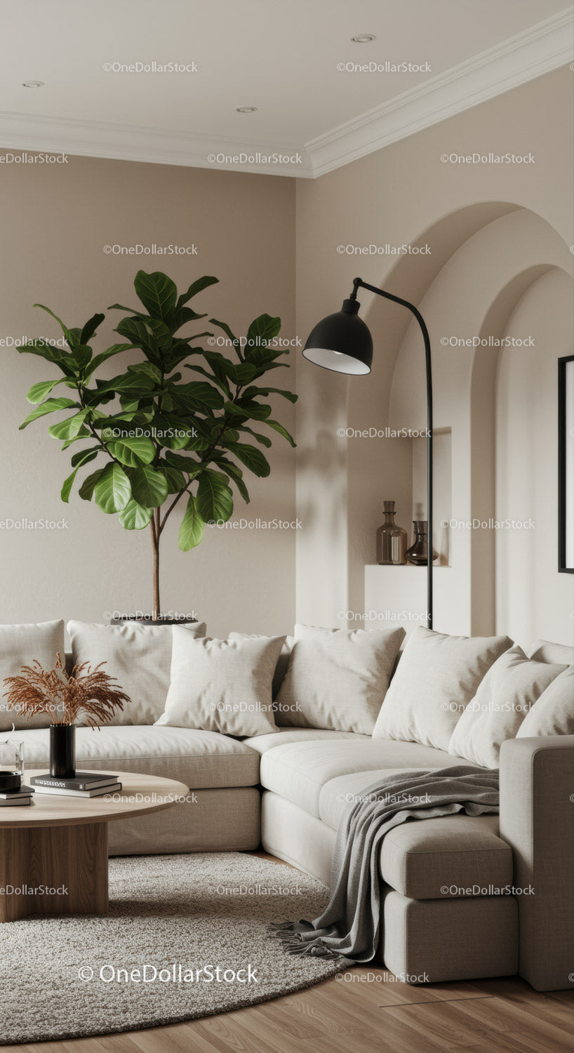 Przytulna narożna sofa z zielenią i delikatnym oświetleniem