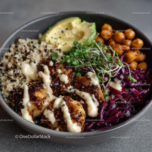 Colorful Quinoa Salad Bowl with Avocado and Spicy Chickpeas