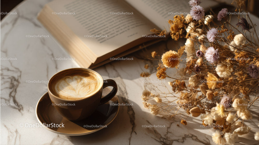 Dried Flowers in Amber Jar with Coffee and Open Book