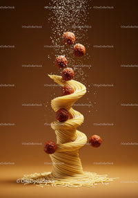 Spiral of Spaghetti with Falling Meatballs and Parmesan