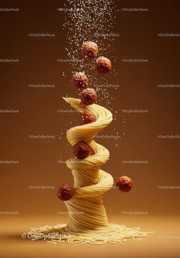 Spiral of Spaghetti with Falling Meatballs and Parmesan