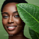 Vibrant Portrait of a Woman with Fresh Green Leaf and Water Droplets