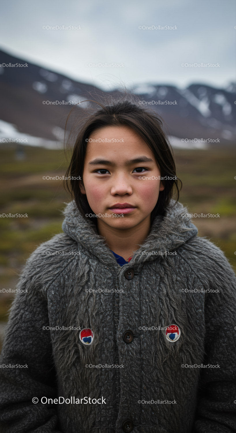 Young Girl in Warm Wool Coat Against Mountain Landscape