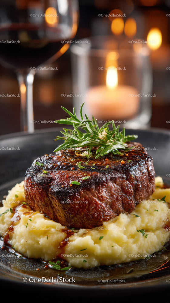 Gourmet Beef Steak on Mashed Potatoes with Herb Garnish