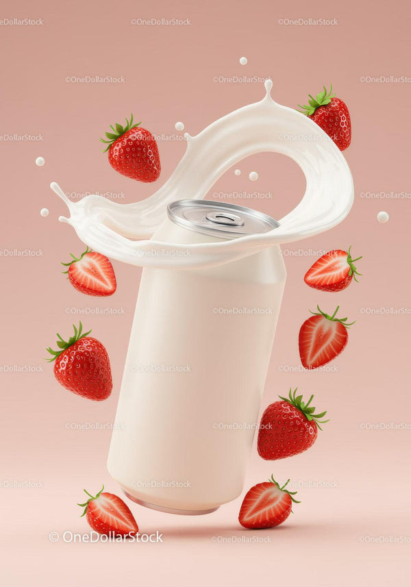 Blank Beverage Can with Splash and Fresh Strawberries JPG Mockup Image