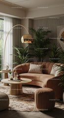 Cozy Living Room with Plush Sofa and Tropical Plants
