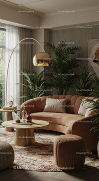 Cozy Living Room with Plush Sofa and Tropical Plants