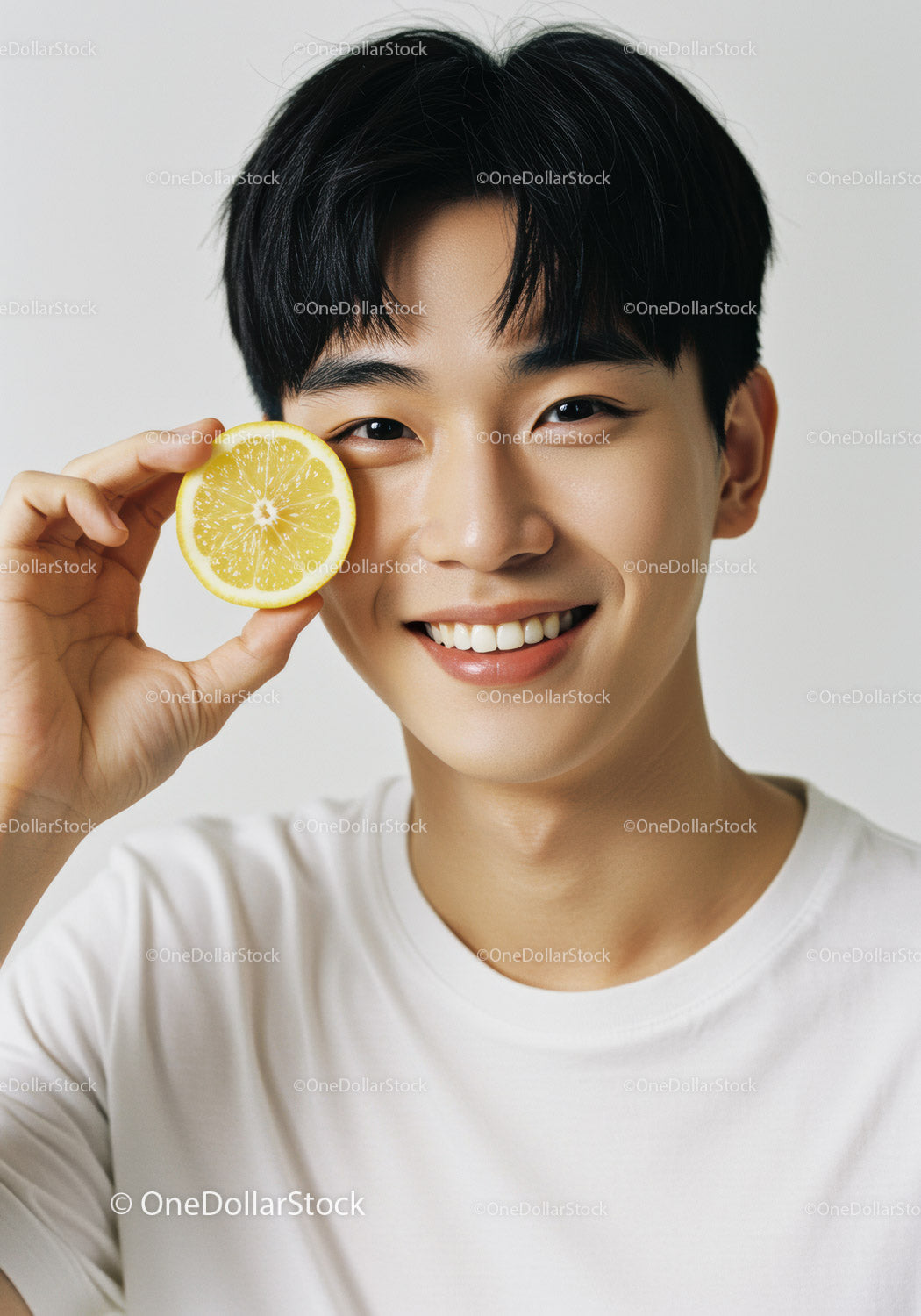 Young Man Smiling Holding Lemon Slice Bright Fresh Citrus Portrait