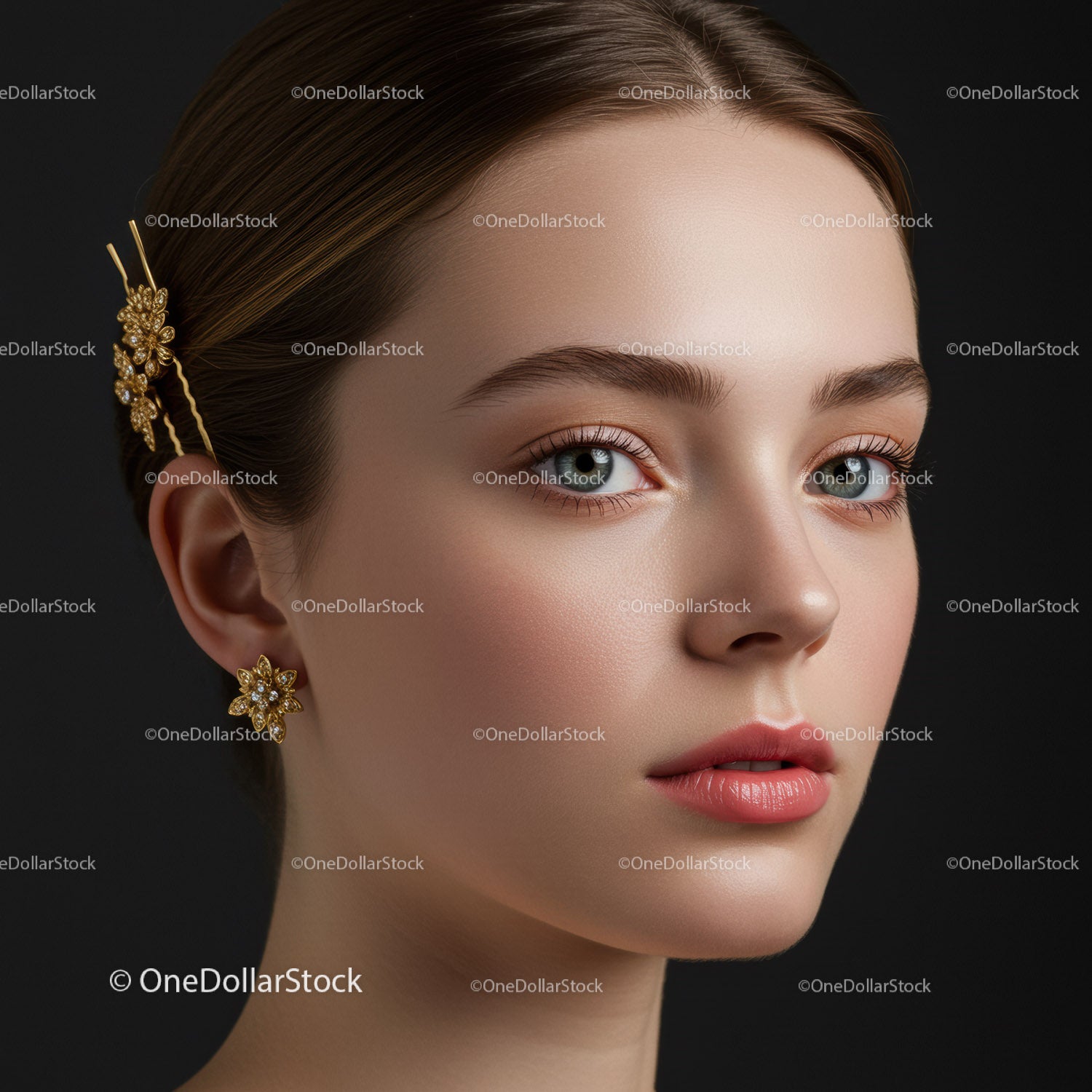 Elegant Woman Wearing Gold Jewelry and Beautiful Makeup