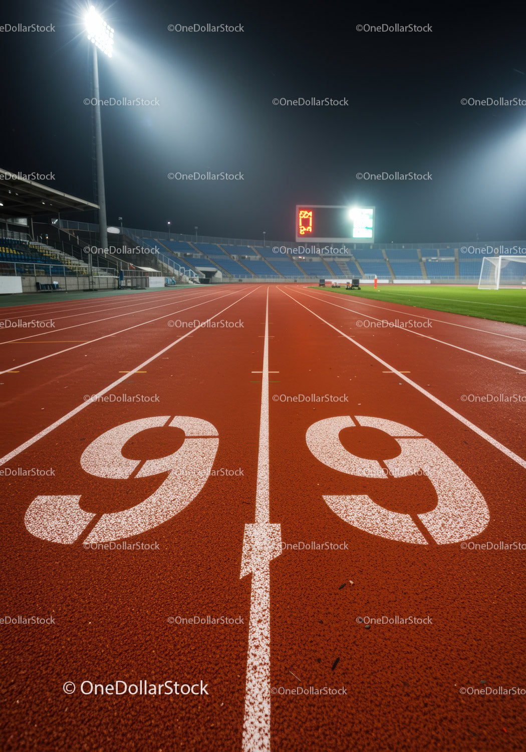 Empty Running Track Under Bright Stadium Lights at Night