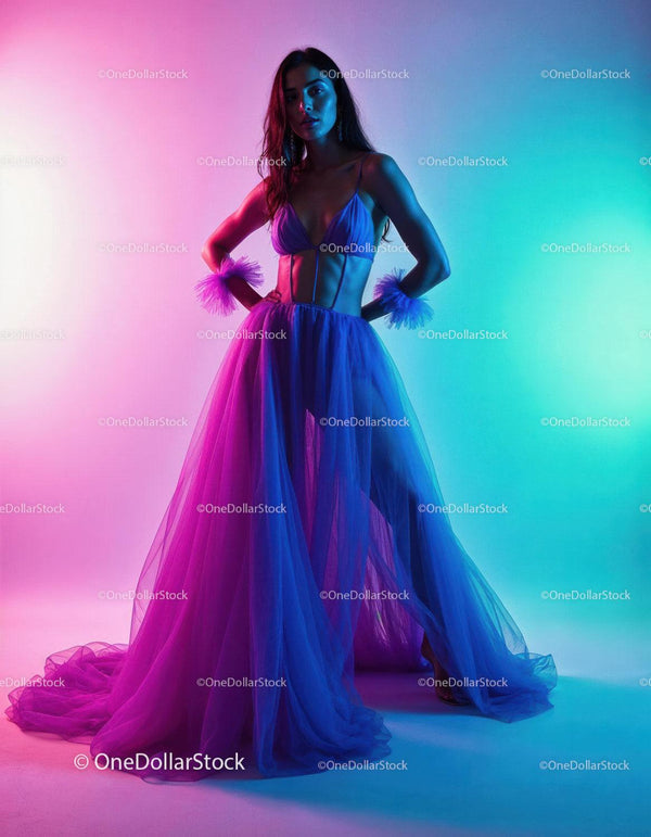 Fashion Model in Colorful Tulle Dress with Neon Lighting