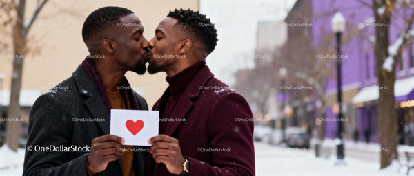 Loving couple sharing a kiss on a snowy city street