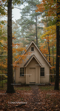 Cozy cottage nestled in autumn forest landscape