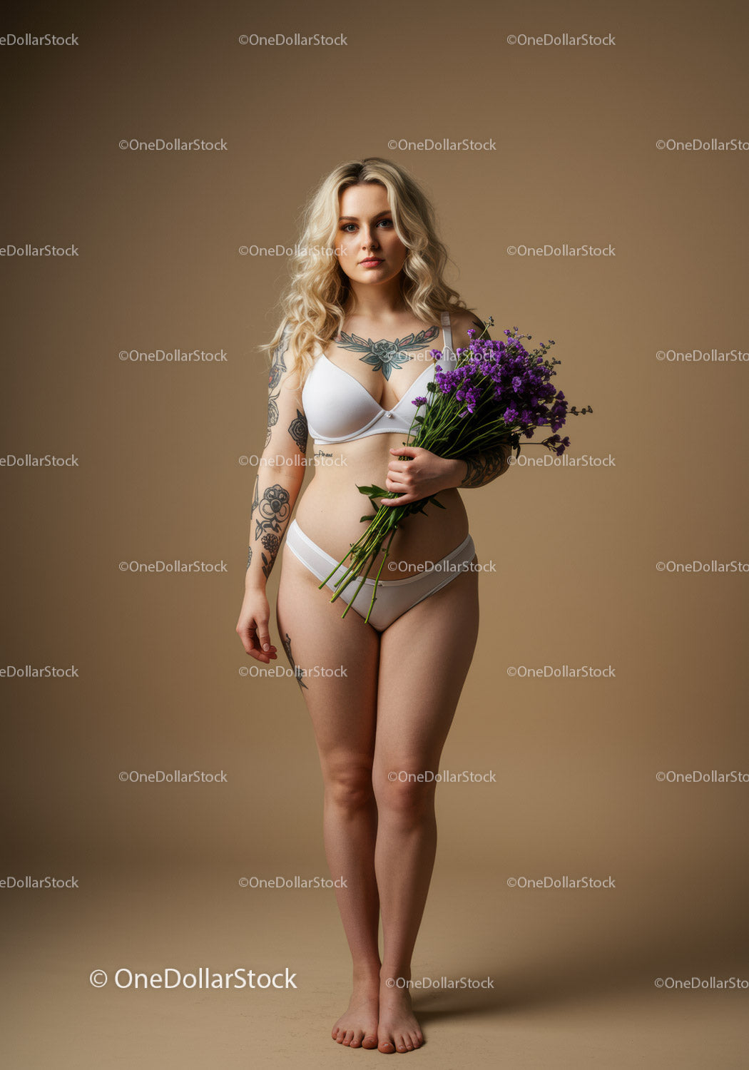 Female Model in White Lingerie with Purple Flowers and Tattoos