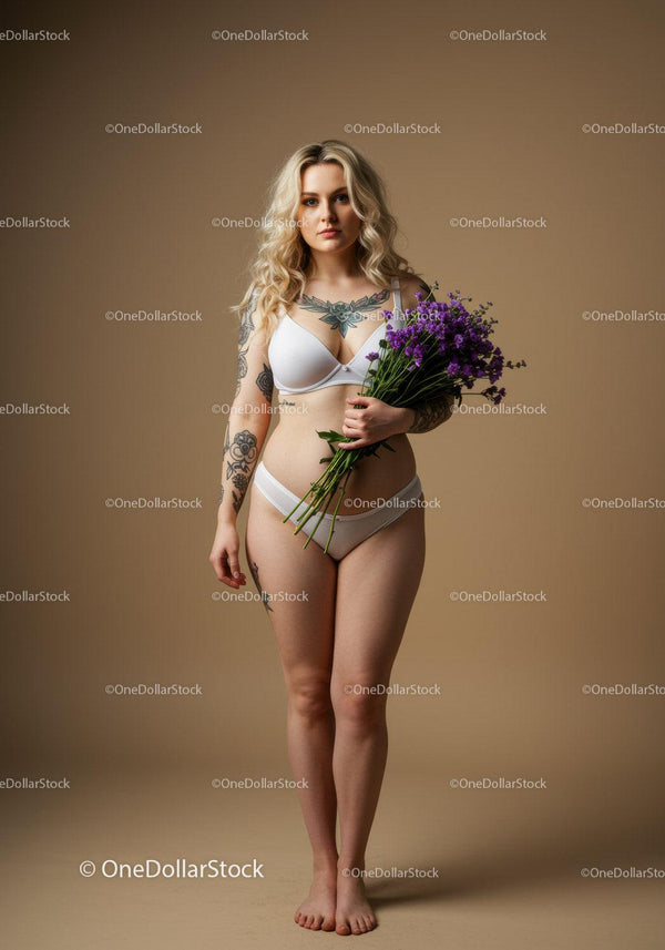 Female Model in White Lingerie with Purple Flowers and Tattoos