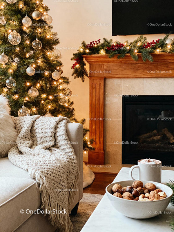 Cozy Christmas living room with fireplace and festive decor