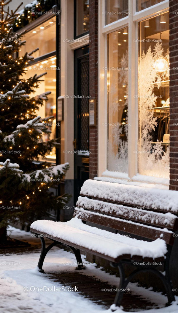 Snow-covered bench by festive shop window in winter evening