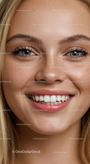 Close up portrait of smiling young woman with freckles