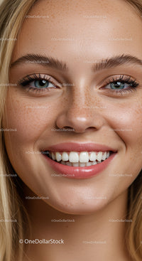 Close up portrait of smiling young woman with freckles
