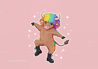 Colorful Cartoon Cow with Rainbow Hair and Black Boots