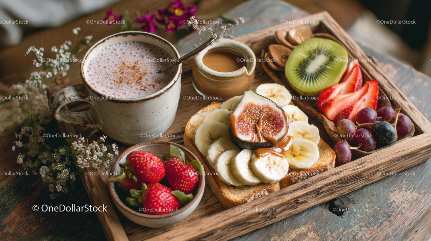 Fresh Fruit and Toast Breakfast with Coffee and Hot Chocolate