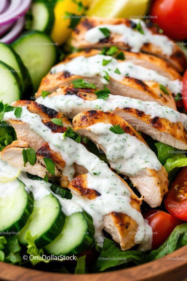 Świeża sałatka z grillowanym kurczakiem, kremowym sosem i warzywami