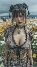 Stylish Woman in Floral Outfit Pose in Blooming Flower Field