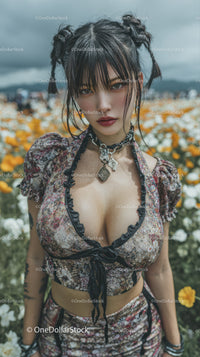 Stylish Woman in Floral Outfit Pose in Blooming Flower Field