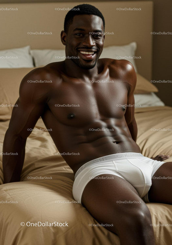 Smiling muscular man relaxing on beige bed in white underwear