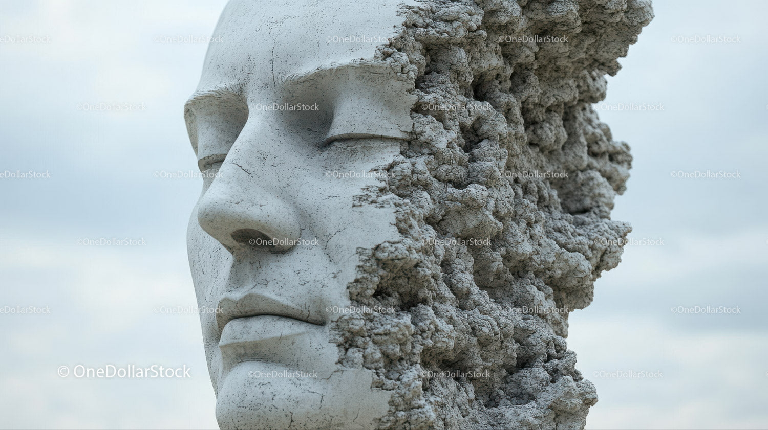 Abstract Concrete Head Sculpture with Textured Surface in Urban Setting