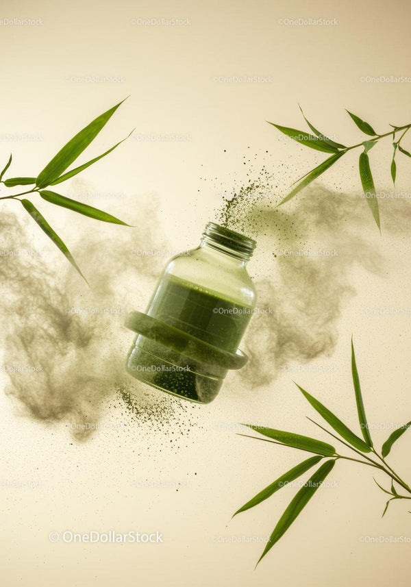 Glass Bottle with Green Powder and Bamboo Leaves