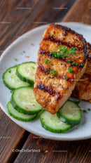 Grilled Salmon with Cucumber Slices on Rustic Wooden Table