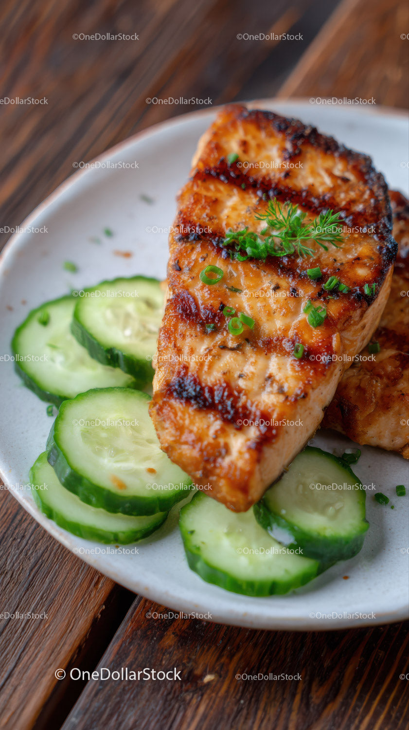 Grilled Salmon with Cucumber Slices on Rustic Wooden Table