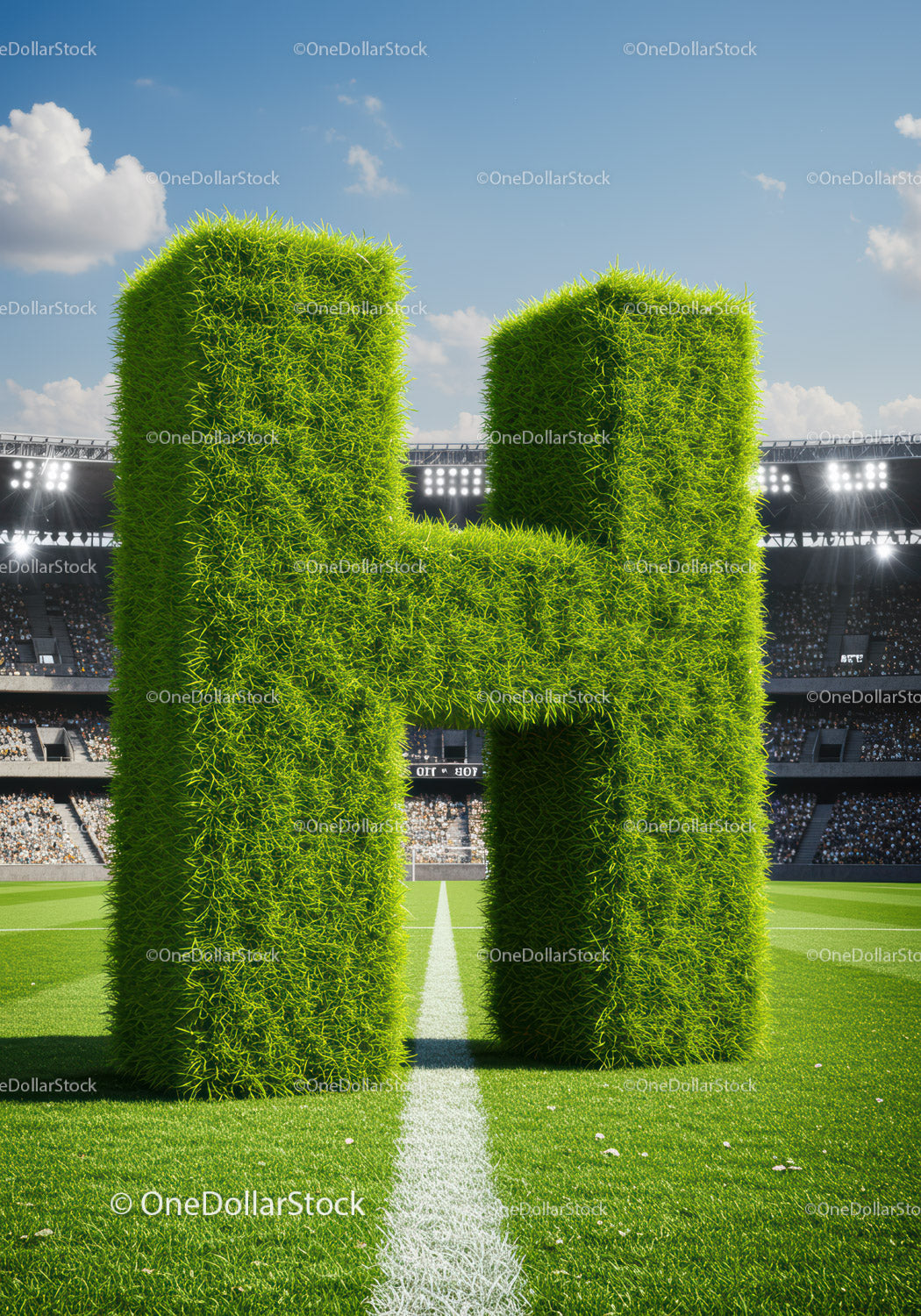 Large grass-covered letter H on soccer field
