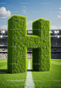 Large grass-covered letter H on soccer field