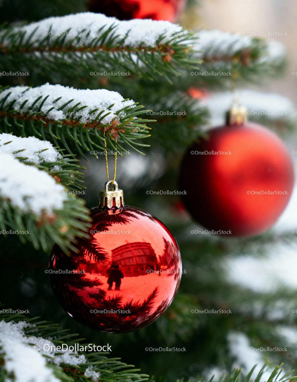 Snow covered fir branches with red Christmas baubles